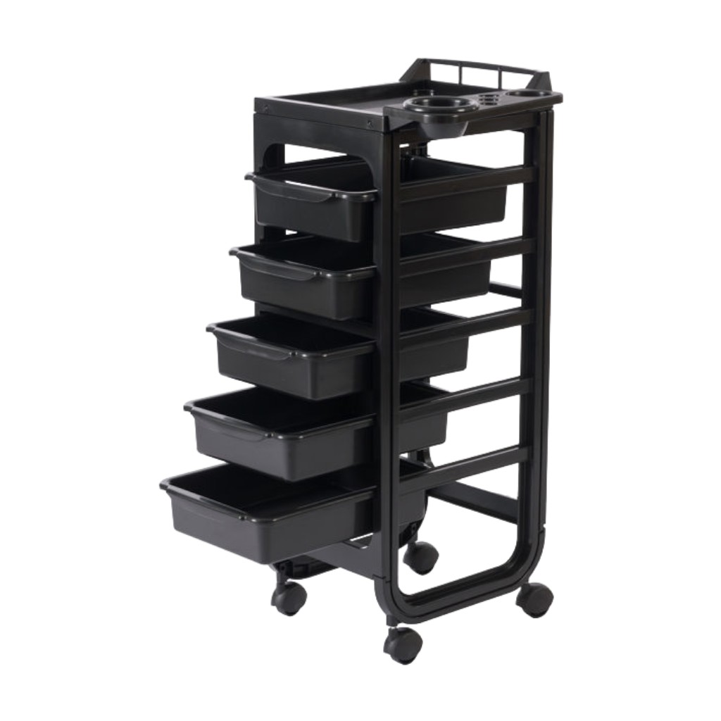 Carrito de peluquería Hope 5 cajones con bandeja lateral negro - Weelko