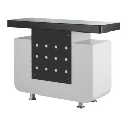 Leah Reception Desk: Curved, sleek design with storage and pull-out tray. - -Hairdresser's Receptions