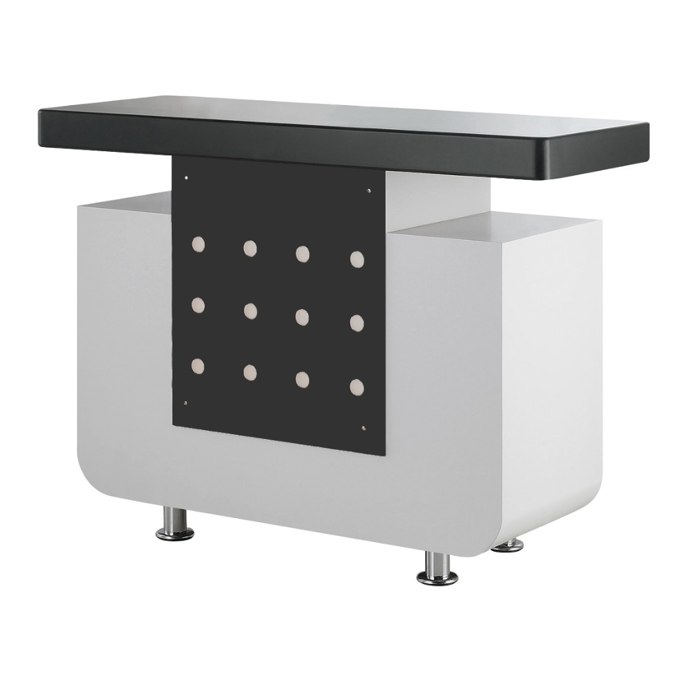 Leah Reception Desk: Curved, sleek design with storage and pull-out tray. - -Hairdresser's Receptions