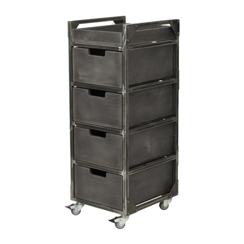 Carrello Barberia Brixton Grigio NeoBeauty - 4 cassetti, 4 ruote piroettanti, struttura metallica laccata anticorrosione
