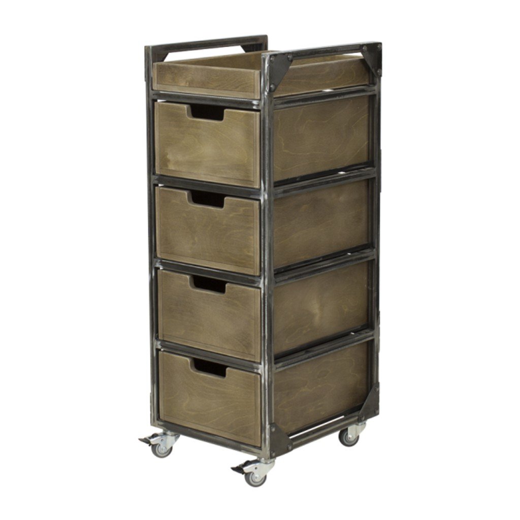 NeoBeauty Brixton Brown Barber Cart — 4 Drawers, Swivel Wheels