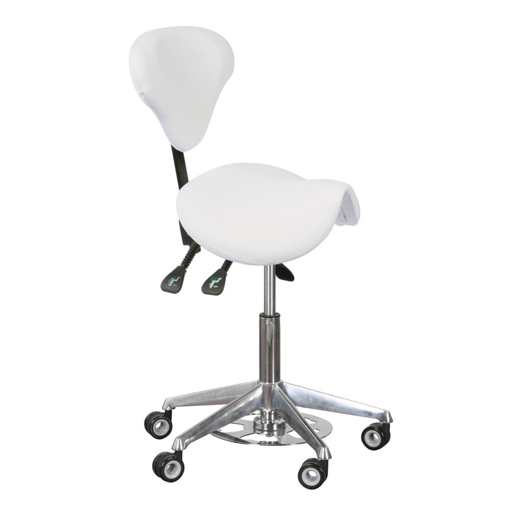 Bernice Banco ergonómico tipo sela com encosto triangular, giratório, regulável em altura, com rodas