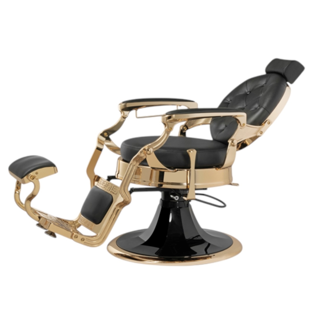 Poltrona da barbiere Larry Gold con base rétro dorata e rivestimento in PU nero - Mudi