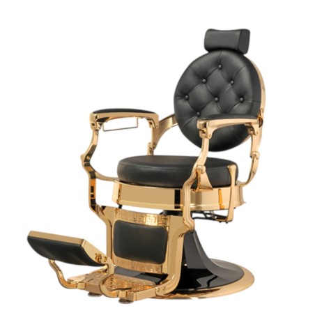 Poltrona da barbiere Larry Gold con base rétro dorata e rivestimento in PU nero - Mudi