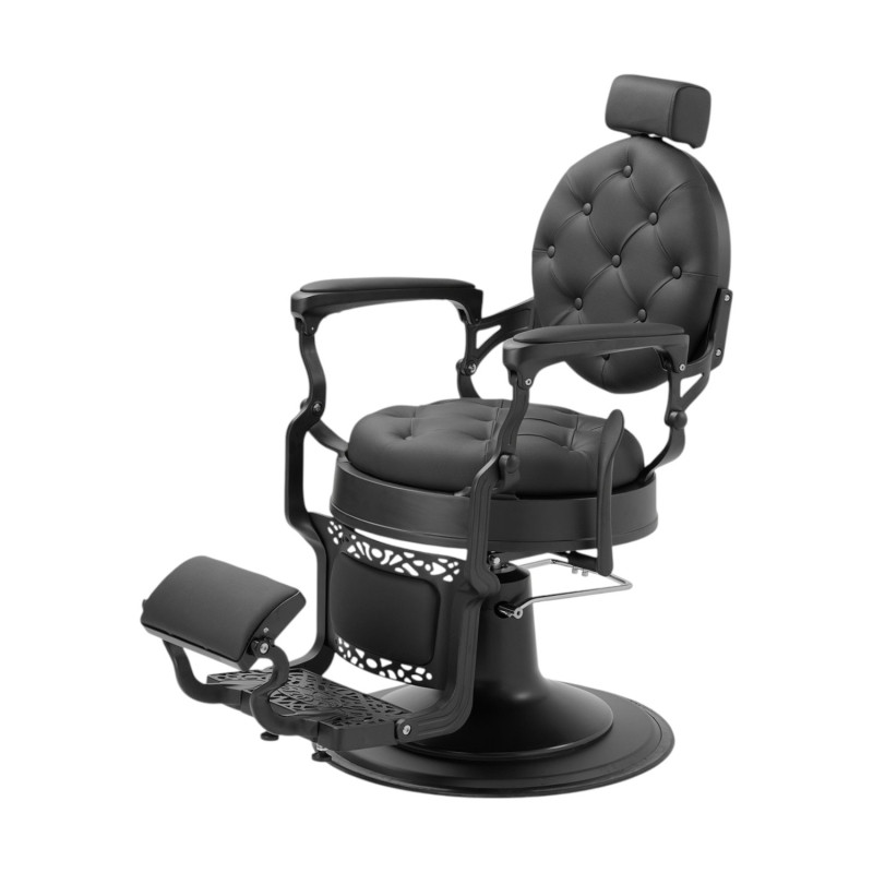 Vista frontal del sillón de barbero Mack Black negro