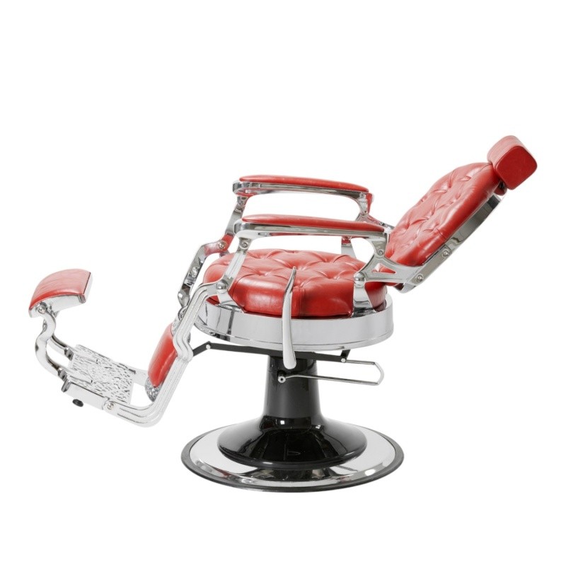 Sillón de barbero Mack Red Silver reclinado con reposapiés desplegado