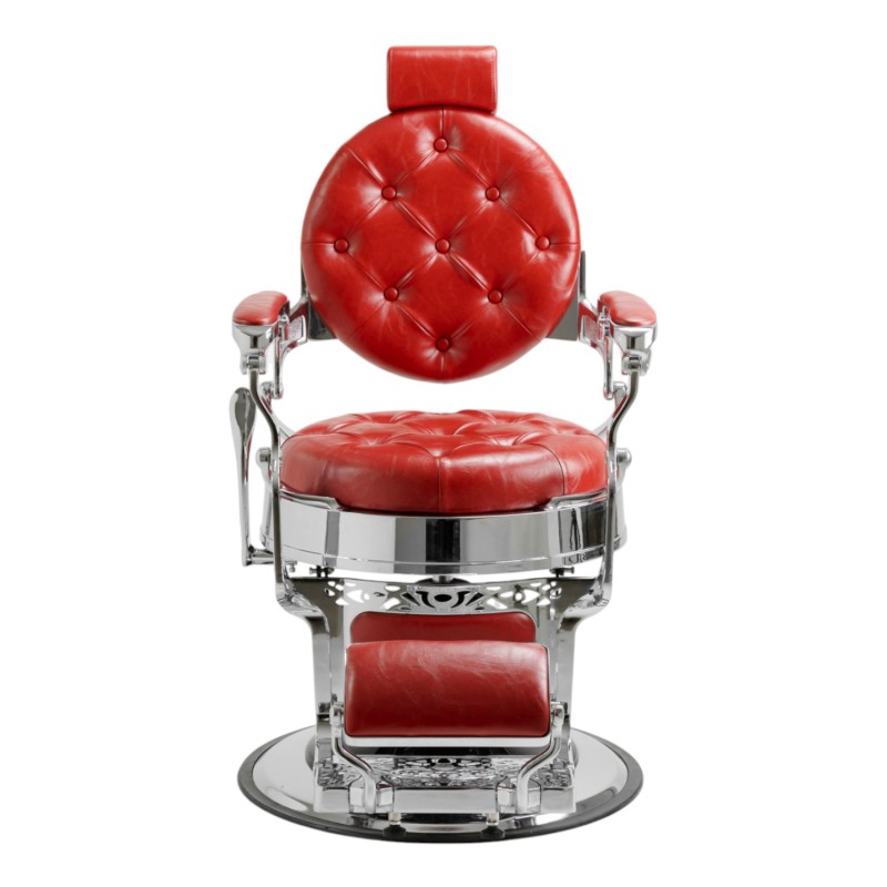 Vista frontal del sillón de barbero Mack Red Silver