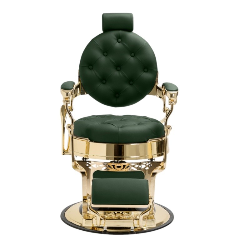 Sillón de barbero Green Gold verde y dorado visto de frente