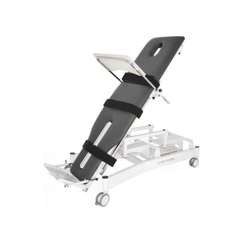TILT standing therapy couch, 2 motors – white base, grey upholstery