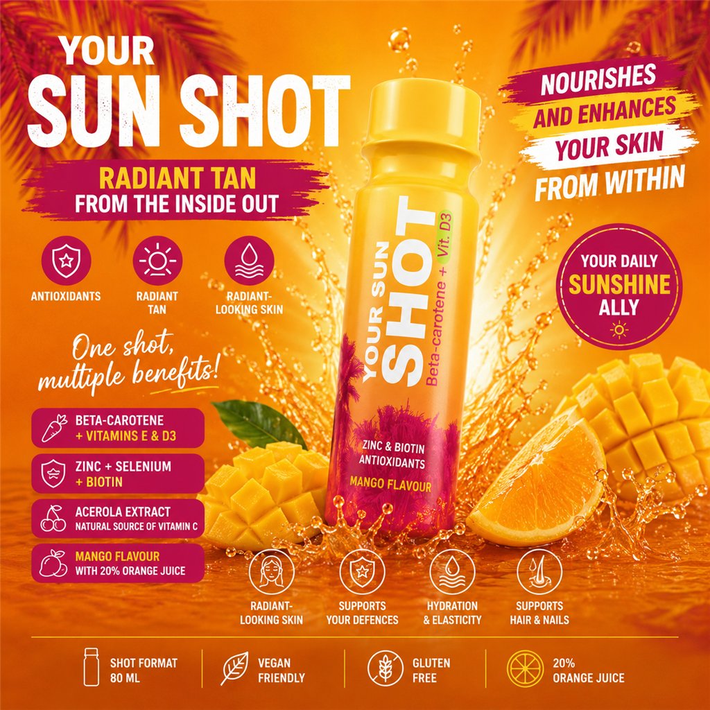 Your Sun Shot Vit. D3 Mango bebida bronceadora con betacaroteno 80 ml x 12 unidades