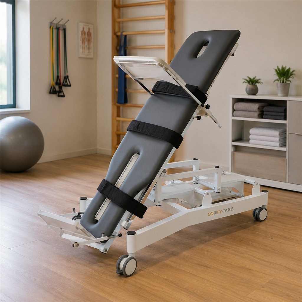 Camilla de bipedestación TILT 2 motores – base blanca, tapizado gris
