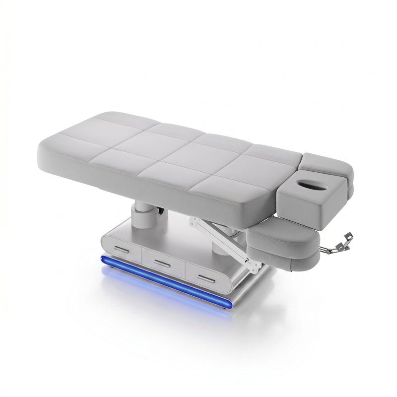 Luminy Spa Bed in a horizontal position with blue LED lighting on the base