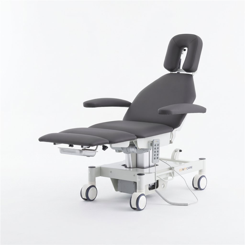 Sillón médico ENT eléctrico 4 motores – base blanca, tapizado gris