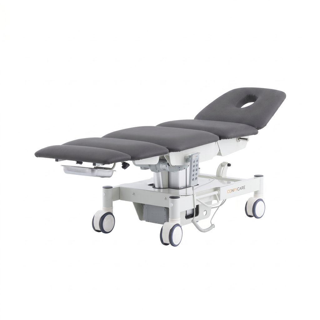 Poltrona medica elettrica ENT, 4 motori – base bianca, rivestimento grigio