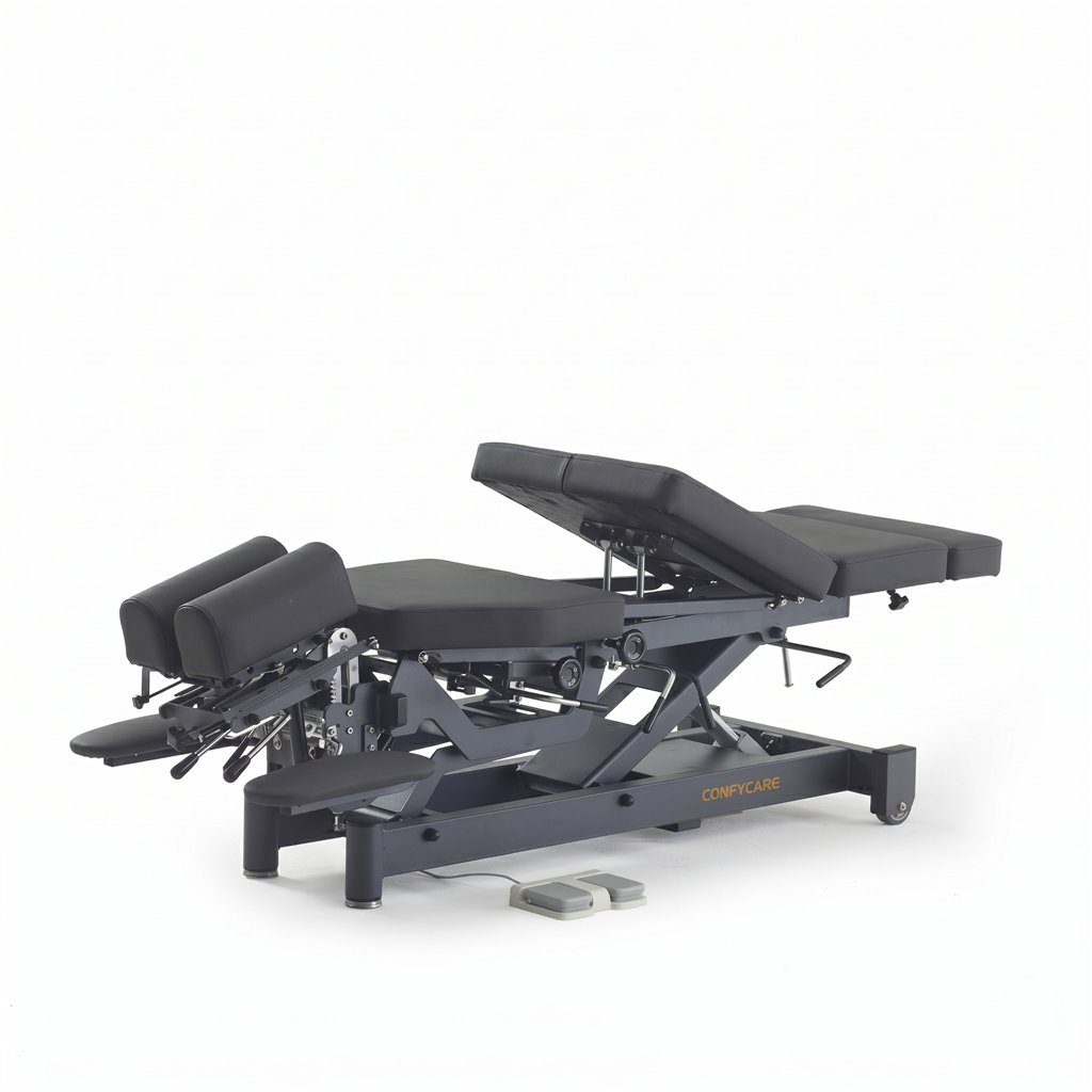 Table chiropratique électrique SCALL 6 sections – 3 drops, base grise, sellerie grise
