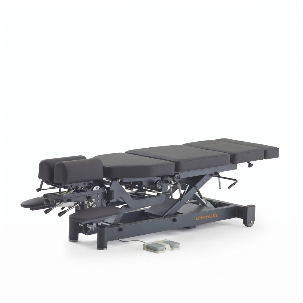 SCALL electric chiropractic table 6 sections – 3 drops, grey base, grey upholstery