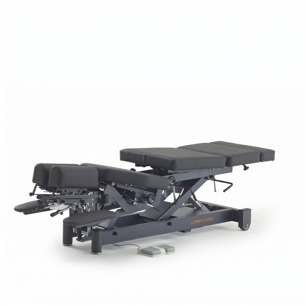 Camilla quiropráctica eléctrica SCALL 6 secciones – 3 drops, base gris, tapizado gris