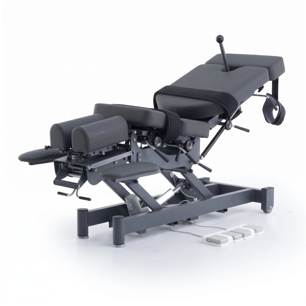 Table chiropratique électrique ALMA, 2 moteurs avec flexion-distraction – base grise, sellerie grise