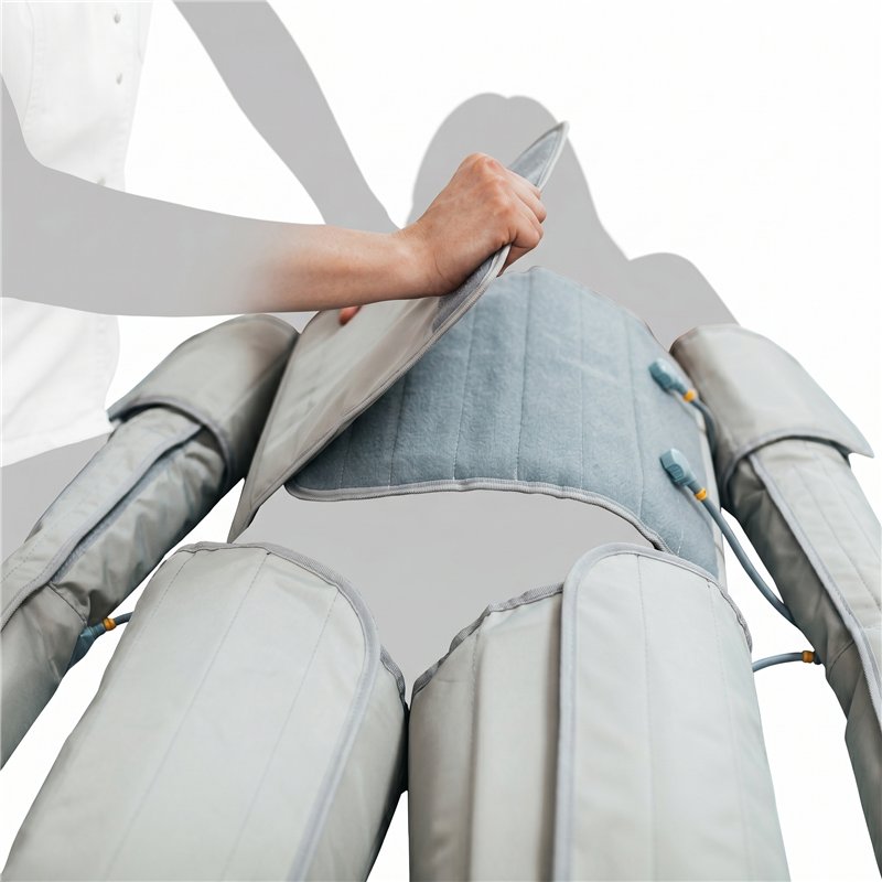 Módulos corporales de presoterapia colocados en abdomen y piernas
