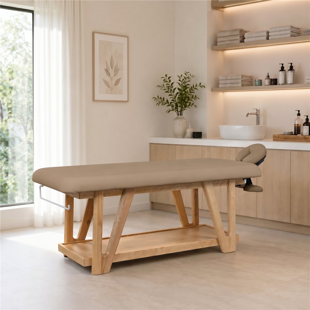 Weelko Roots Massageliege aus Massivholz mit 11 cm PU-Polster, beige