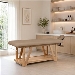 Camilla fija Roots de madera maciza con colchón 11 cm PU beige | Weelko