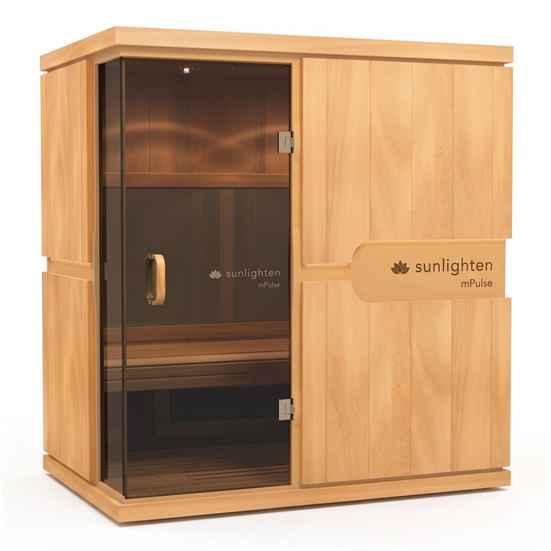 Sauna de infrarrojos Sunlighten mPulse CONQUER con puerta de vidrio y paneles de madera clara