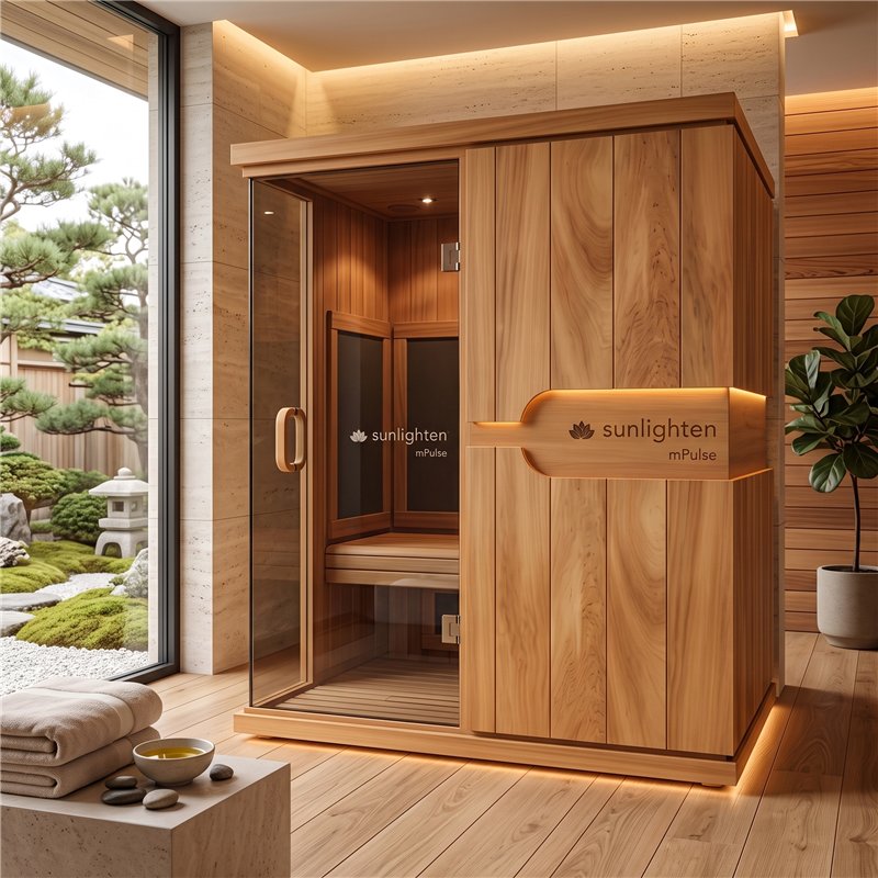 Vista frontal de la sauna Sunlighten mPulse CONQUER instalada en una zona wellness