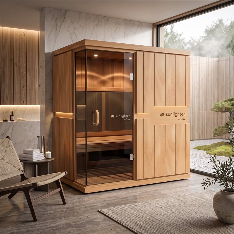 Sauna Sunlighten mPulse CONQUER con puerta frontal de vidrio y banco interior