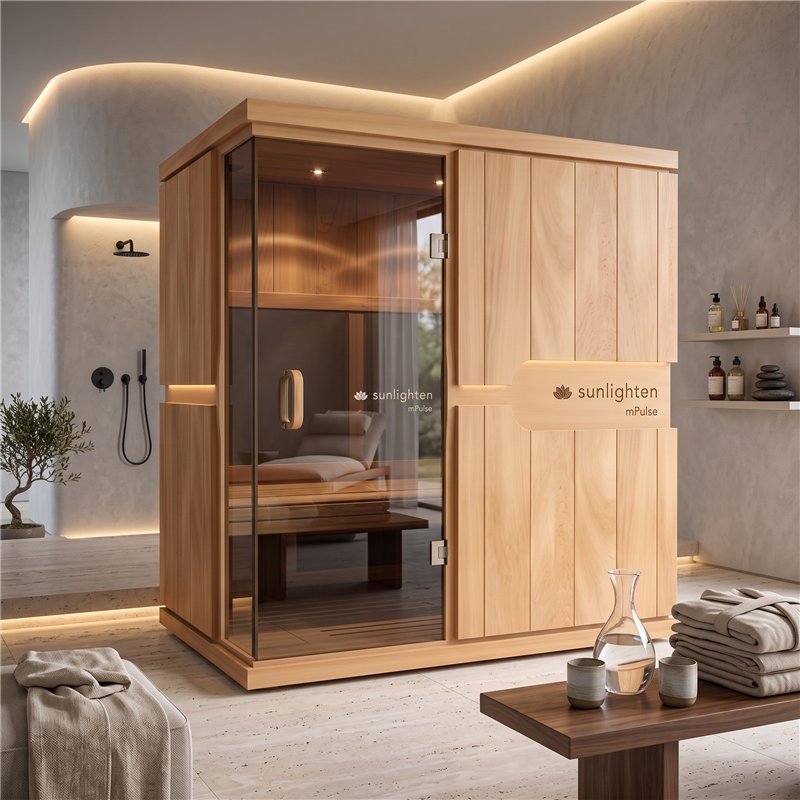 Detalle de la cabina Sunlighten mPulse CONQUER en acabado de madera clara