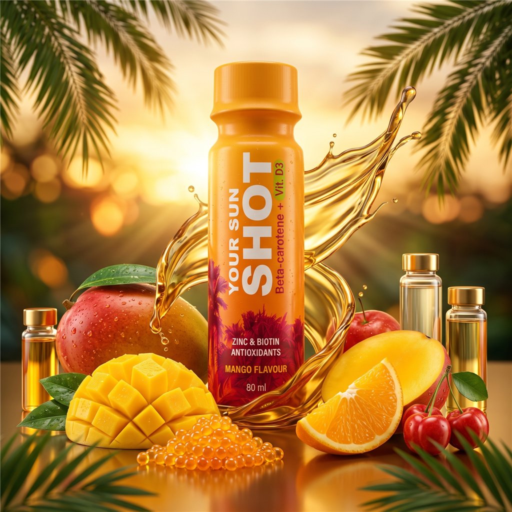 Your Sun Shot Vit. D3 Mango bebida bronzeadora com betacaroteno 80 ml x 12 unidades