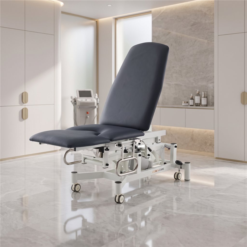 OB electric gynaecological chair, 2 motors – white base, grey upholstery
