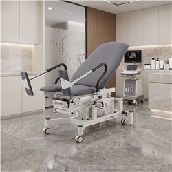 Fauteuil gynécologique électrique OB, 2 moteurs – base blanche, sellerie grise