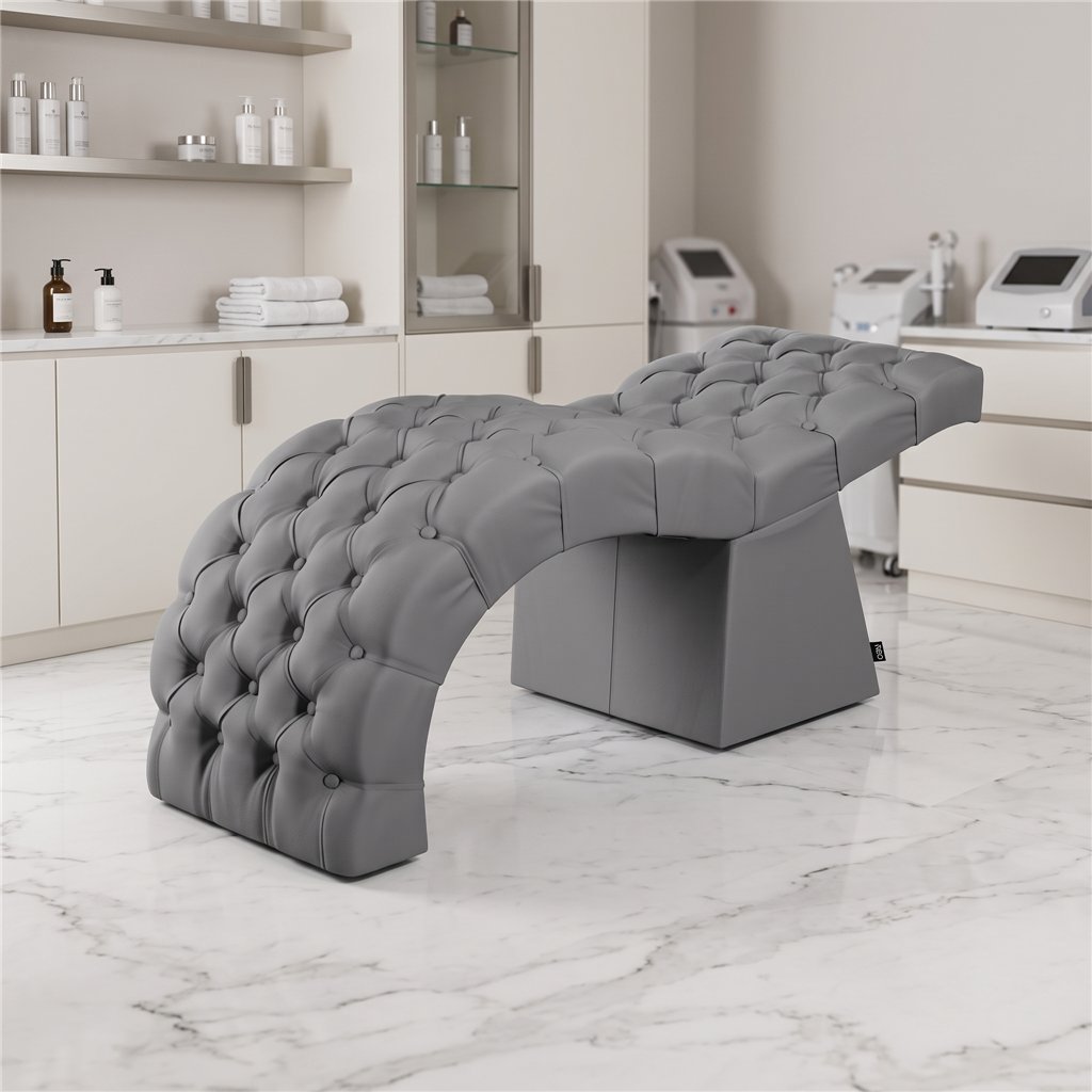 Marquesa facial Lashia Grey para extensão de pestanas e laminado de sobrancelhas, design curvado e revestimento em PVC capitoné 