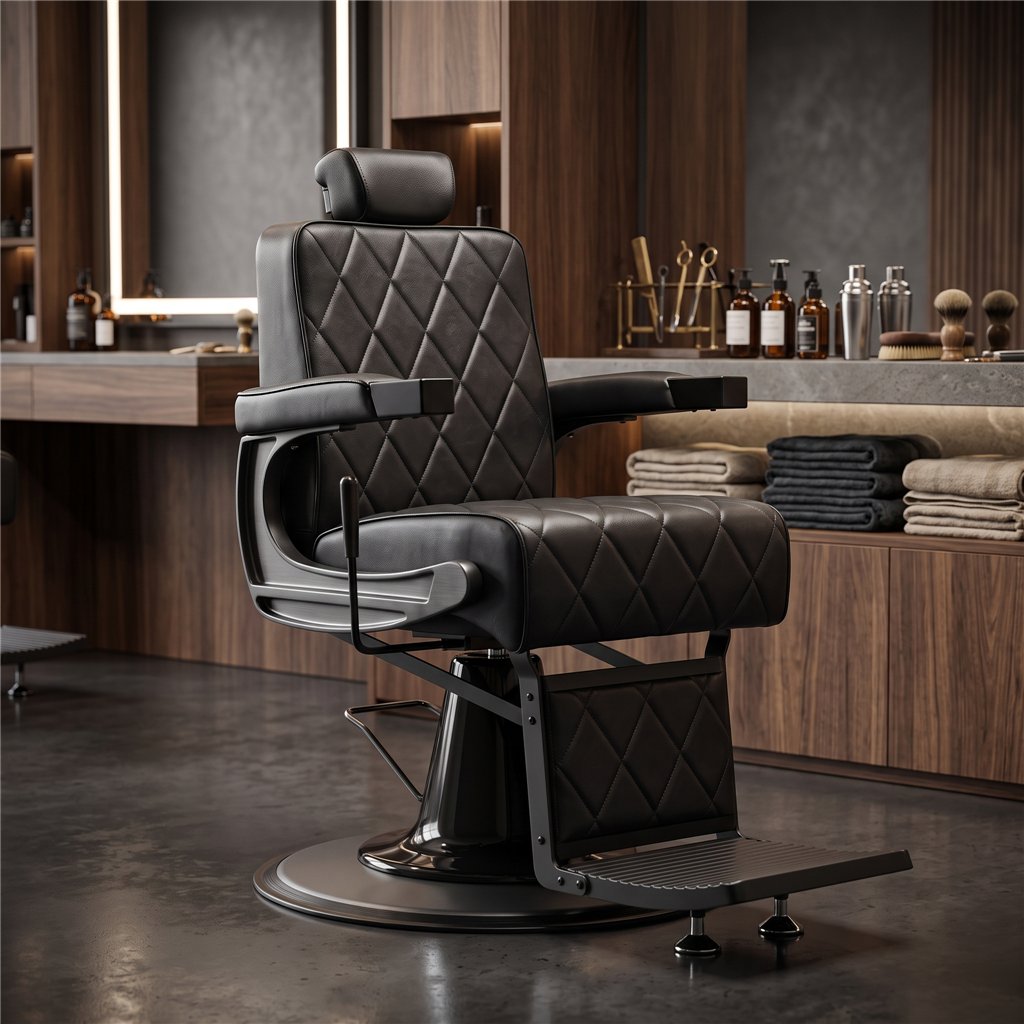Taito Barber Chair with Black PU Diamond-Stitched Upholstery and Reclining Backrest - Mudi