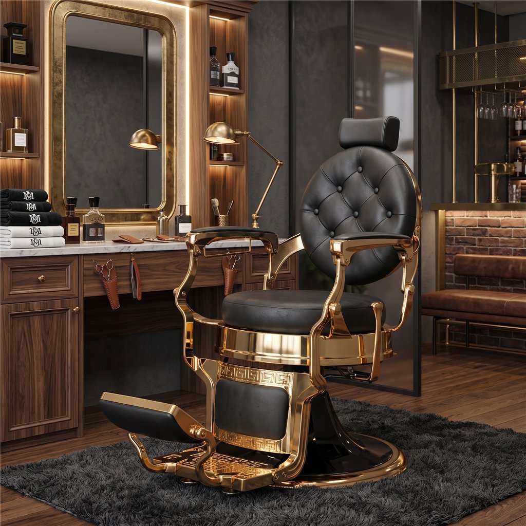 Sillón de barbero Larry Gold - base retro dorada | Mudi