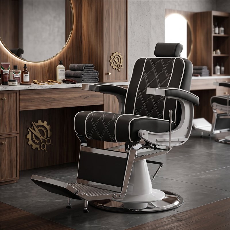 Sillón de barbero negro situado en un puesto de barbería