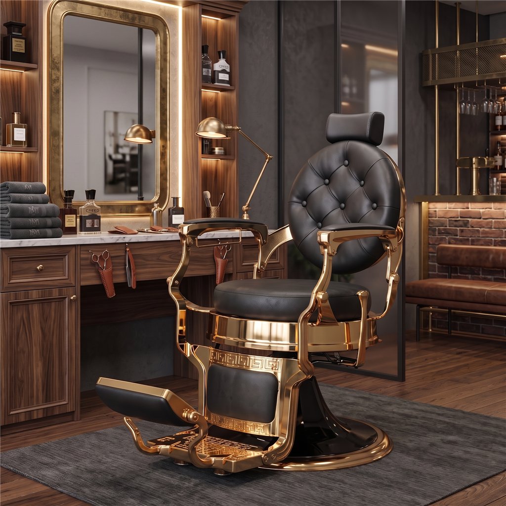 Sillón de barbero Larry Gold - base retro dorada | Mudi