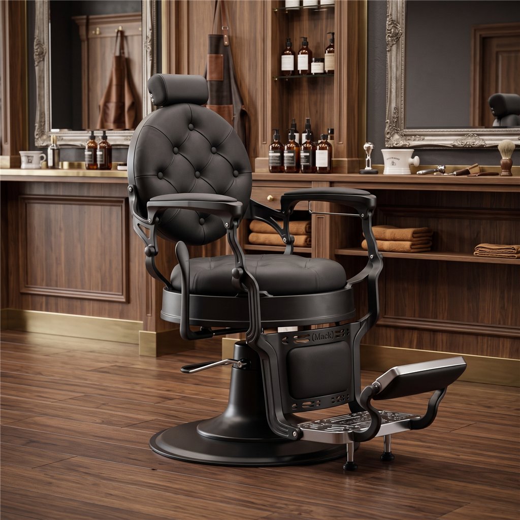 Mack Black Barber Chair with Die-Cast Aluminium Frame and Reclining Backrest — i-Medstetic