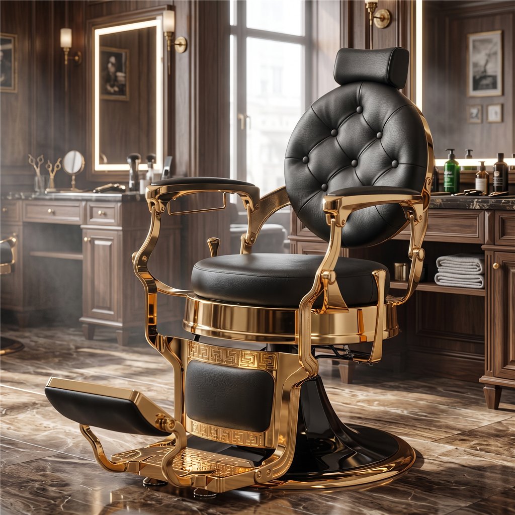 Sillón de barbero Larry Gold - base retro dorada | Mudi