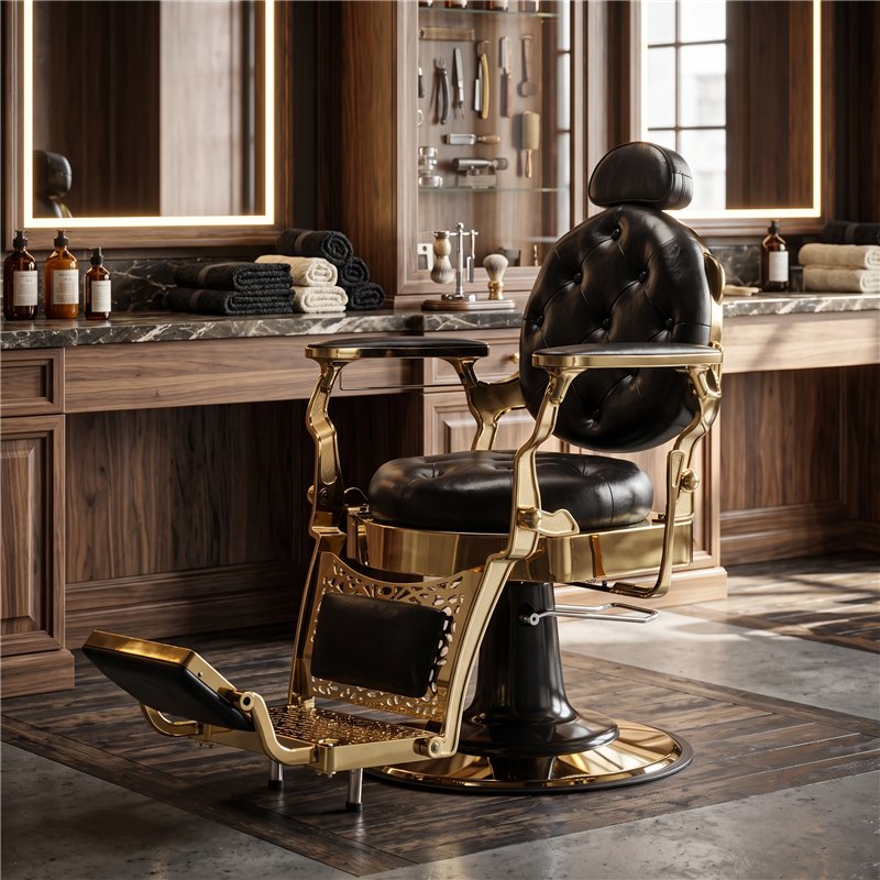 Sillón Ancest Gold Vintage Fersan integrado en un puesto de barbería