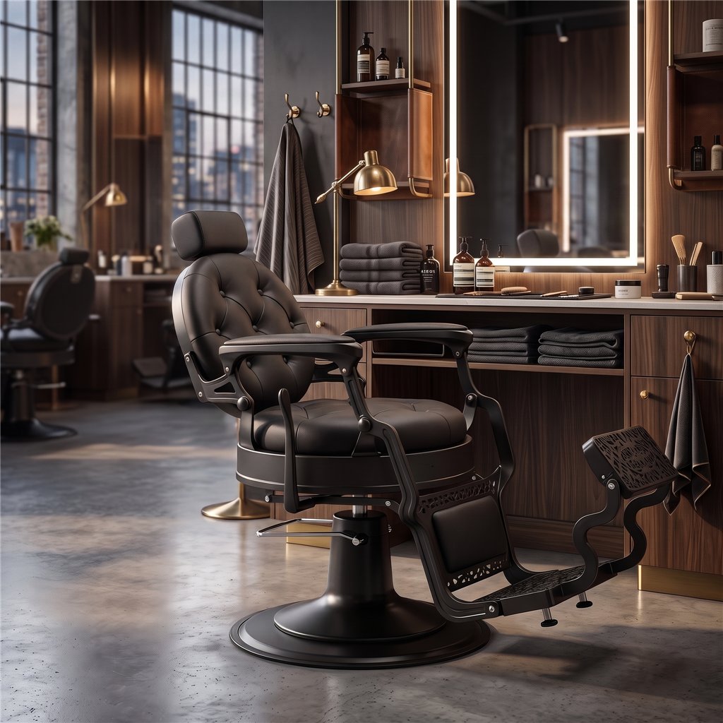 Mack Black Barber Chair with Die-Cast Aluminium Frame and Reclining Backrest — i-Medstetic