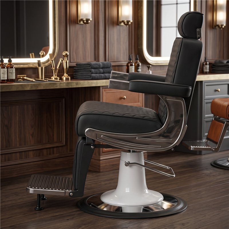 Perfil lateral del sillón de barbero Jack Retro NeoBeauty en un entorno de barbería