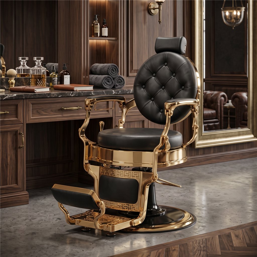 Sillón de barbero Larry Gold - base retro dorada | Mudi