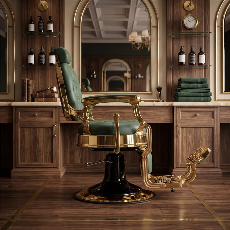Vista lateral del sillón de barbero Green Gold