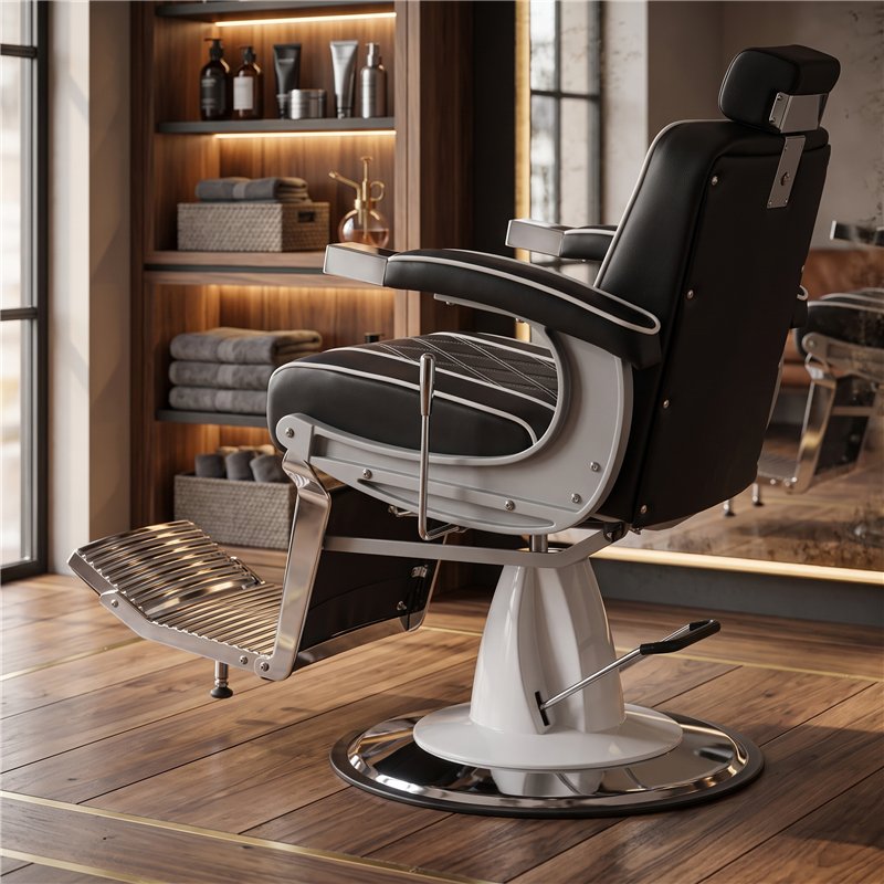 Vista trasera lateral del sillón de barbero Dublín negro