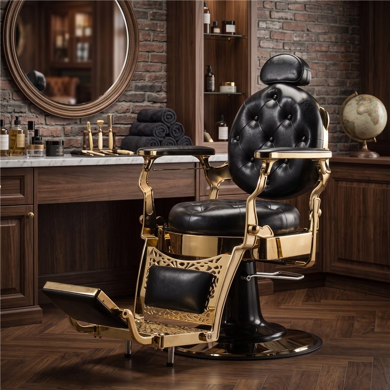 Vista lateral del sillón de barbero Ancest Gold Vintage Fersan