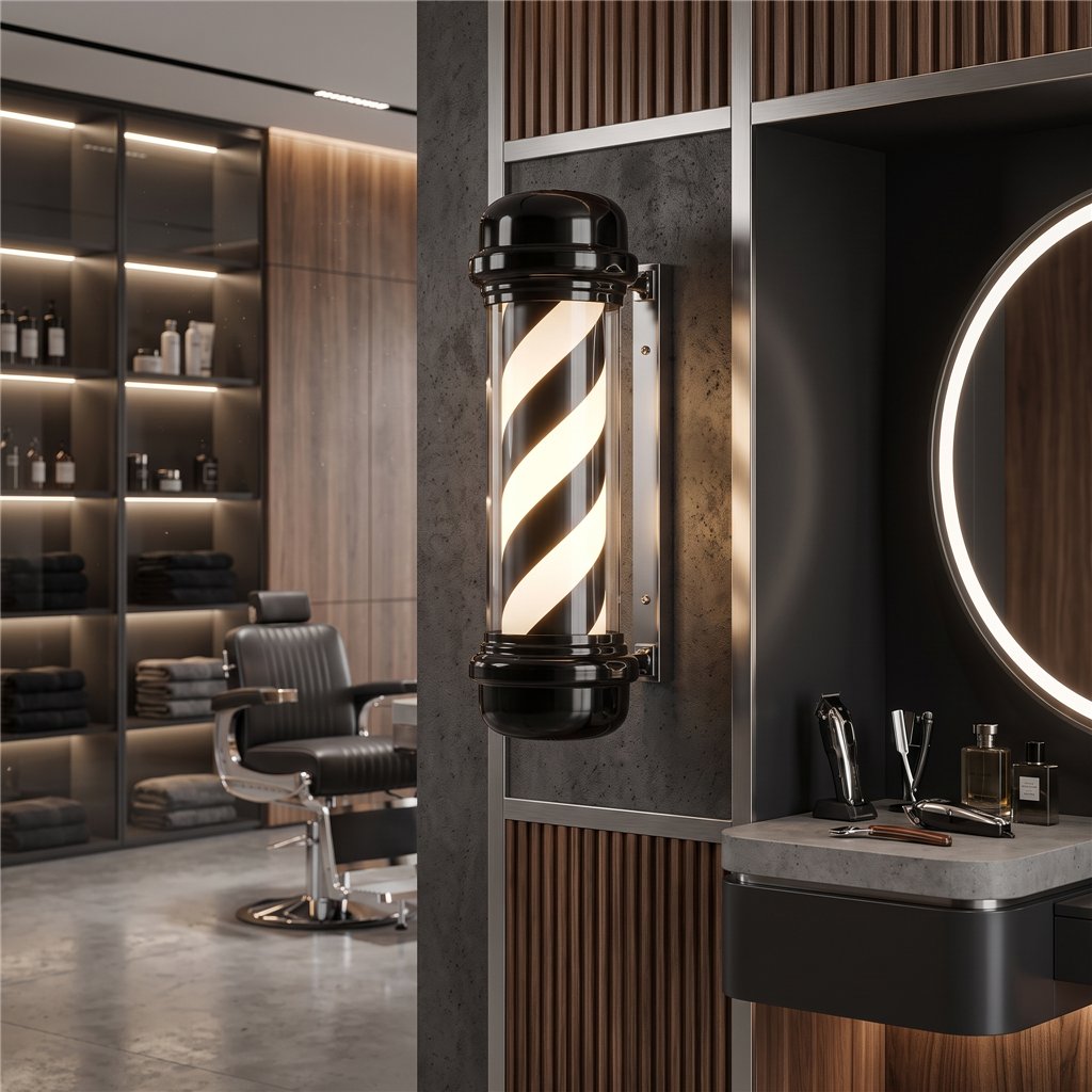 Poste de barbero rotativo blanco y negro Barten moderno Weelko
