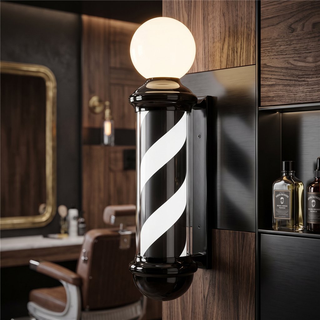 Poteau de barbier rotatif noir et blanc avec globe lumineux Weelko