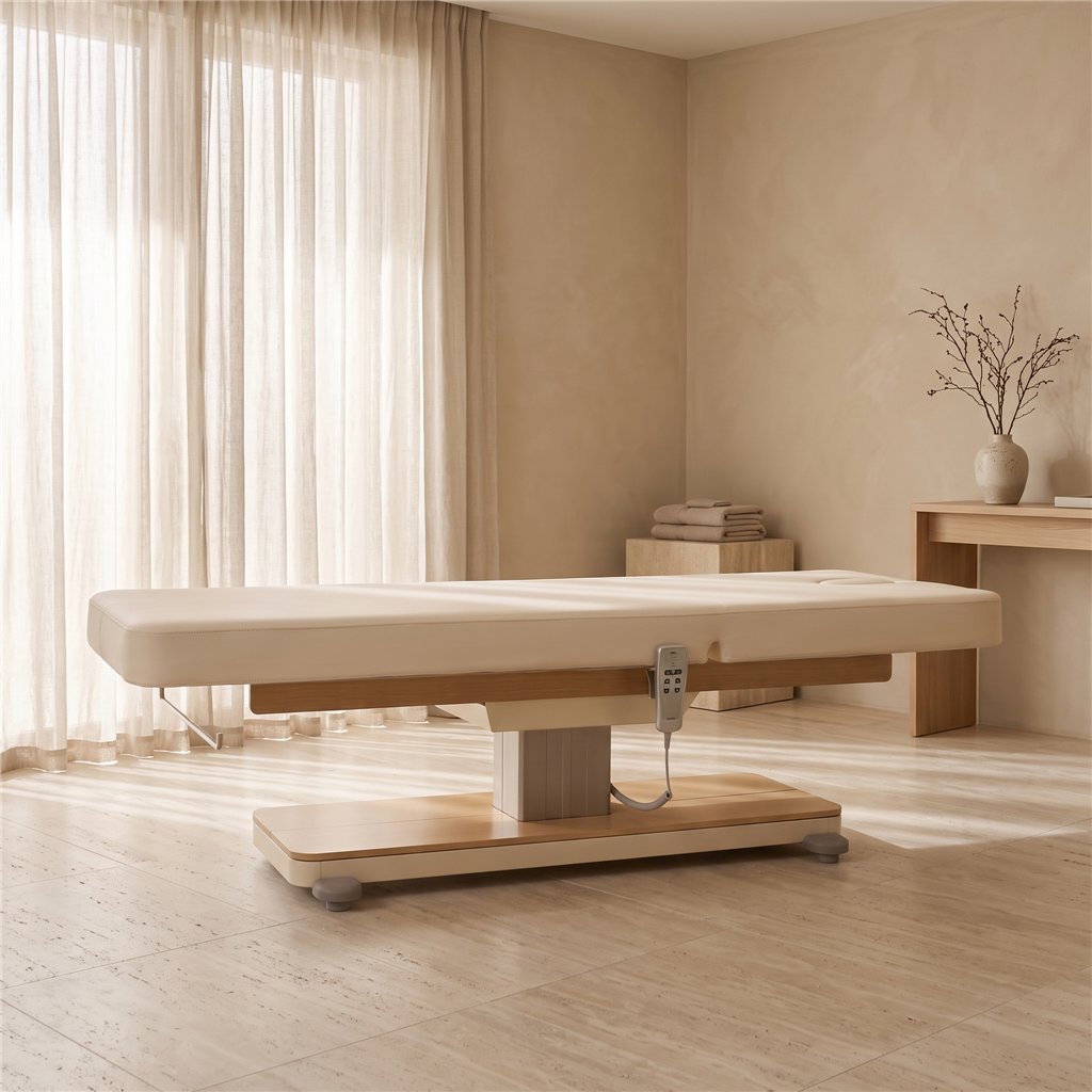Camilla de Masajes SPA Eléctrica Orion (Color Crema con Base de Madera)