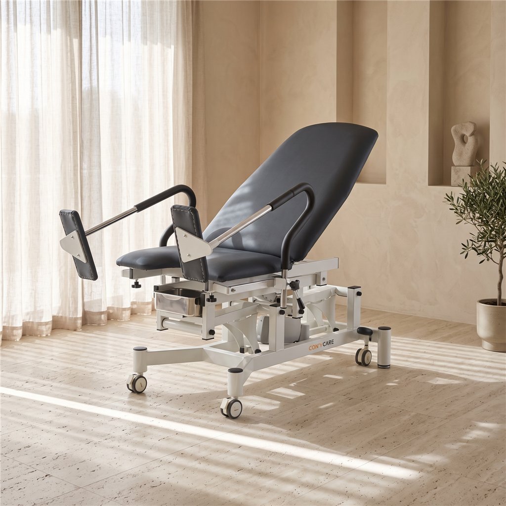 Poltrona ginecologica elettrica OB, 2 motori – base bianca, rivestimento grigio